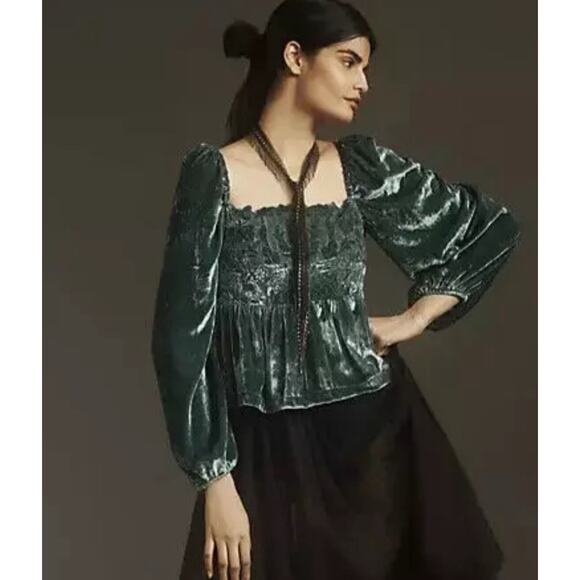 Anthropologie Long-Sleeve Luxe Velvet Cutwork Blouse Top Turquoise Small NWOT - Picture 1 of 13